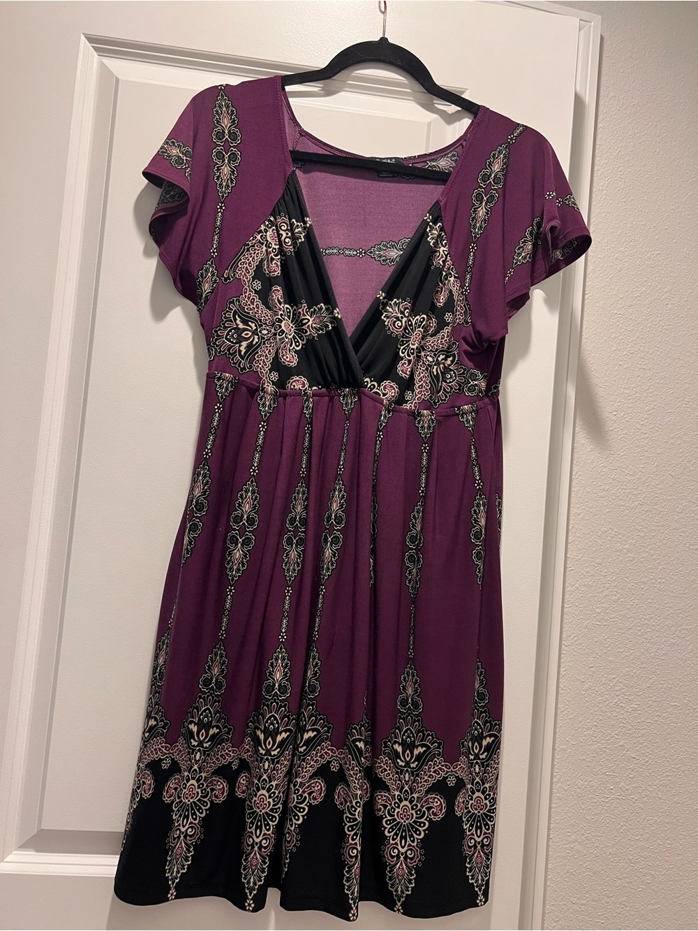 Purple Boho Faux Wrap Empire Waist Dress - Large